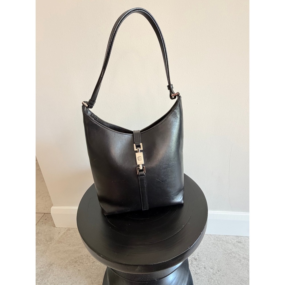 Hobo Gucci Jackie O Vintage Black Leather Piston Shoulder Bag Hobo Made in Italy